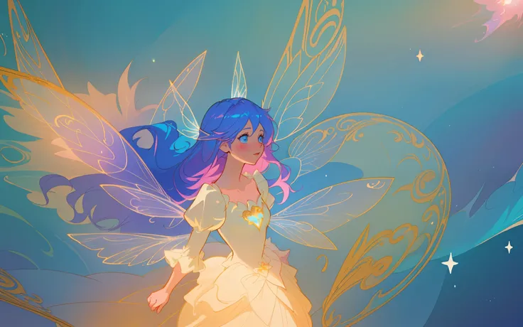 beautiful anime girl in flowing puff sleeve ruffle tiered ballgown, ((fairy wings)), inspired by Glen Keane, inspired by Lois van Baarle, (disney art style), by Lois van Baarle, glowing aura around her, by Glen Keane, jen bartel, glowing lights! digital pa...