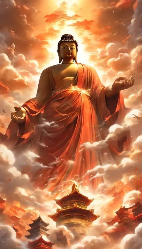 ((Masterpiece))，(Best quality))，China-style，In the sky, The clouds form a huge Maitreya Buddha statue，Gaze at the earth，Standing Buddha statue，with light glowing，Glow effects，Pilgrims on the road，Hyper-realistic，Ultra photo realsisim，Real Photographics，8K，...