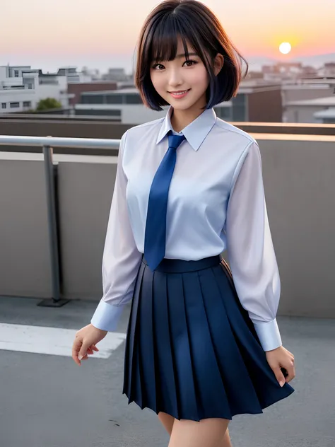 product quality, 1girl, cowboy shot, front view, a Japanese young pretty woman, bob hair, standing at a high school rooftop, bob hair blown by wind, with a big smile, beautiful sunset, glamorous figure, wearing a long sleeves white collared silky shirt wit...