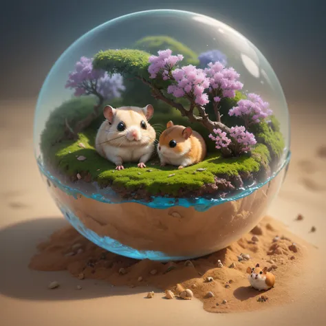 Cute anthill，Its covered with moss and cute hamsters，Made of sand，Blue Higan flowers bloom，Transparent fog，The hemispherical shape looks down from the sky，fanciful，Artistically