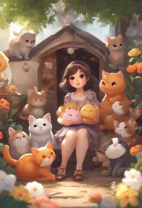 Anime girl with lots of stuffed animals and cats, cute detailed digital art, Poe Ryan Yee, Beautiful Art Style, Adorable Digital Painting, beautiful digital art, Cute detailed illustration, digital anime illustration, 3D rendering of official art, Official...