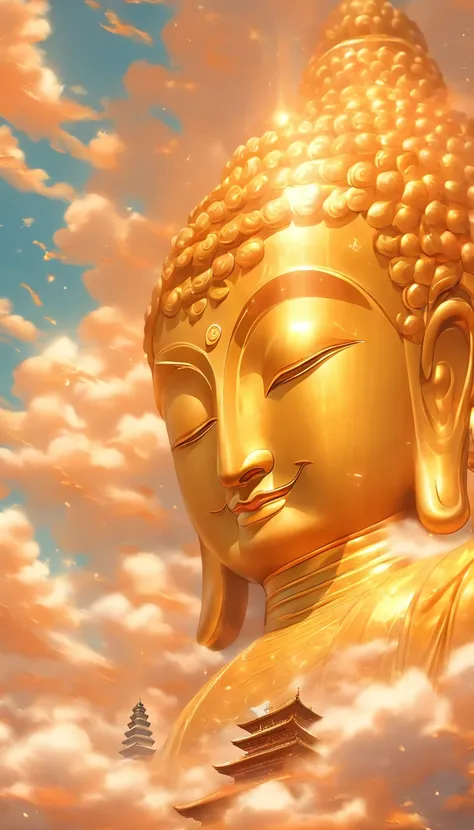 A huge golden statue of Buddha ran into the clouds，Imponente，Budismo 32 fases，Cervical limb length and ergonomic proportions,，Peregrinos na Estrada，sorriso leve,estilo da porcelana，In the distance, Surrealismo, estereogramas, Tachi-E, atmosphric perspectiv...