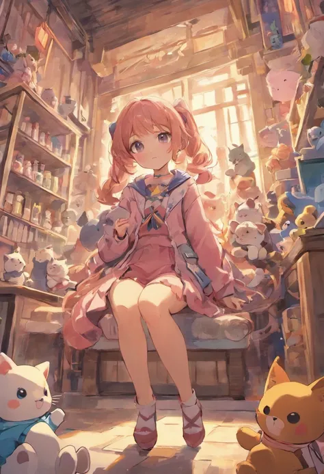 Anime girl with lots of stuffed animals and cats, cute detailed digital art, Poe Ryan Yee, Beautiful Art Style, Adorable Digital Painting, beautiful digital art, Cute detailed illustration, digital anime illustration, 3D rendering of official art, Official...