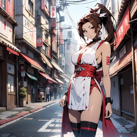 red dress, sleeveless, ((mai shiranui:1.2)), bare shoulders, brown hair, brown eyes, long high ponytail, hair tie, makeup, 1 per...