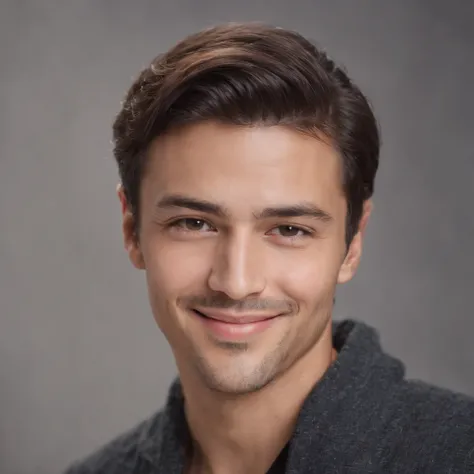 (photo: 1.3) af (reality: 1.3), West a Latino man, soft light, clear face, happy, cheerful, smiling, warm light, ((grey background)), ((grey background)). ((grey wall background)) avatar, (long or short hair), smile, handsome, young,, short hair, smile, (m...