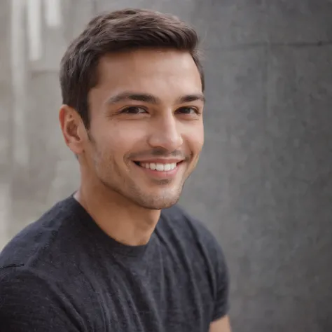 (photo: 1.3) af (reality: 1.3), West a Latino man, soft light, clear face, happy, cheerful, smiling, warm light, ((grey background)), ((grey background)). ((grey wall background)) avatar, (long or short hair), smile, handsome, young,, short hair, smile, (m...