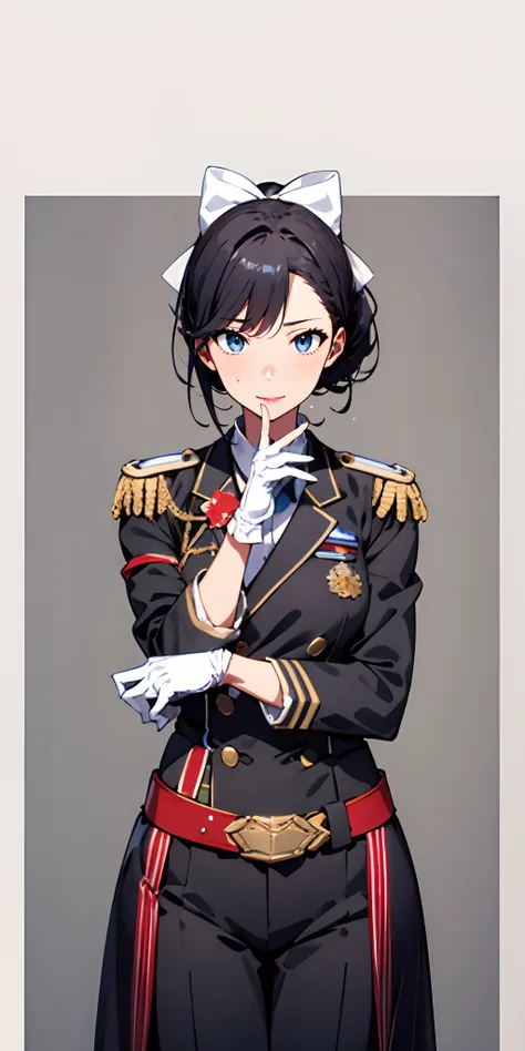 gloves, takao_(azur_lane), white_gloves, 1girl, white_bow, uniform, belt, military, solo, hair_bow, bow, military_uniform, brown_eyes, ponytail, black_hair, epaulettes, black_jacket, pants, looking_at_viewer, adjusting_gloves, aiguillette, long_sleeves, ba...