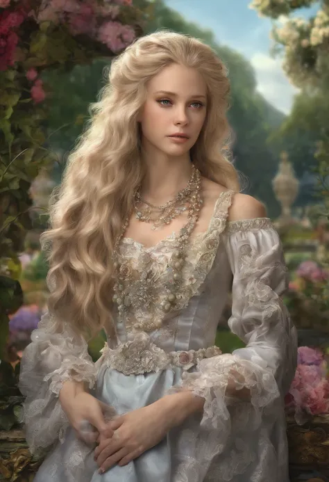 (absurdres, highres, ultra detailed), 1girl, solo, mature, (very long hair, blonde hair), Baroque, Necklace, long dress, long sleeve, elegant, colorful, highest detailed, upper body, outdoors, garden