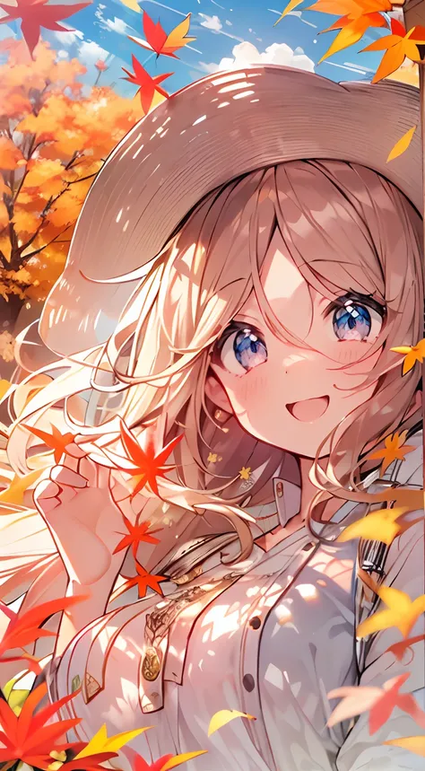 masutepiece, Best Quality,Illustration, Wallpaper, ultra -detail, Absurd beauty, 1beautiful girl、Bright hair color、Glitter and big eyes、Hair fluttering in the wind、ample breasts、♡、Smaller head、Autumn landscape、miscievous smile