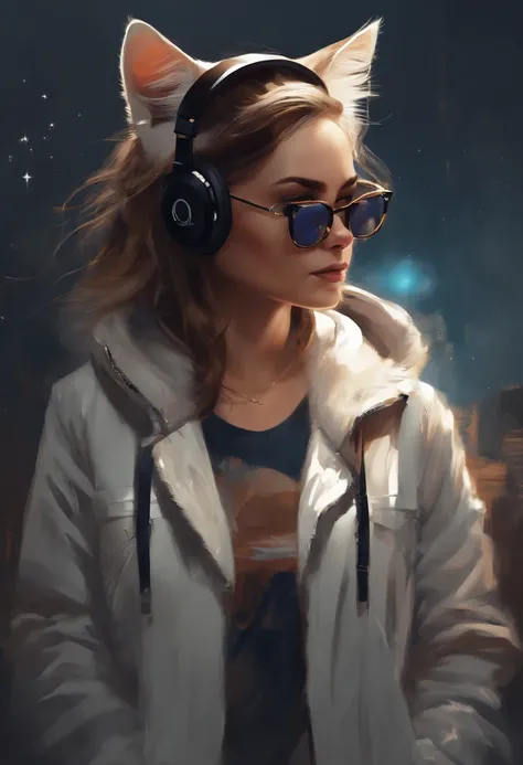 Perfect centering, a cute little cat, Wear a student jacket, Wearing sunglasses, Wearing headphones, Standing position, Abstract beauty, Centered, Looking at the camera, Facing the camera, nearing perfection, Dynamic, Moonlight, Highly detailed, Digital pa...