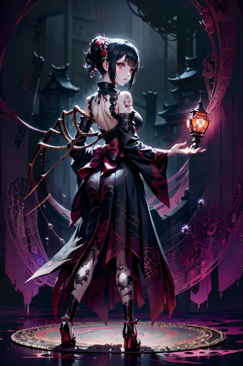 beautiful girl fused with a spider. girl in japanese style gothic dress. ((female solo. 1.1)) . hiquality. dark fantasy style il...