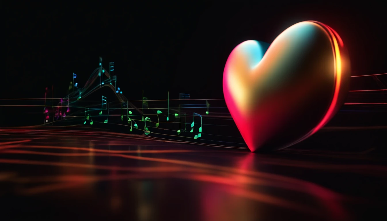 heart with musical waves, in black background and vibrant colors