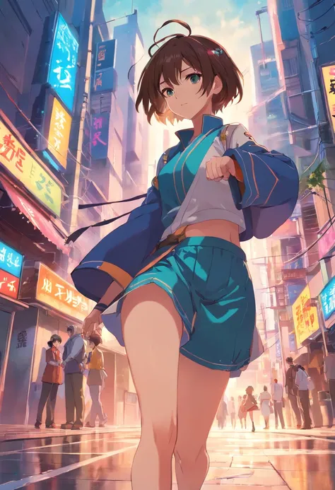 8k, extremamente detalhado, obra prima,plano americano, normal angle, um jovem samurai com duas espadas nas costas usando roupas cyberpunk em um mundo cyberpunk ,cena sombria, (((de frente))), anime, cores vibrantes, olhar penetrante