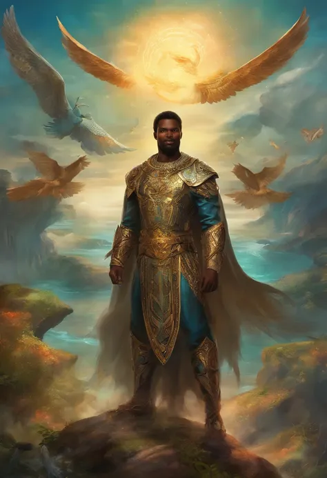 An 8K high-definition portrait of an African black man, anjo de 18 anos, de corpo inteiro, beleza do Deus Ebano, beleza de um deus, muito bonito ((Um homem africano negro,  anjo)) A black angel man with several majestic wings, cabelos longos e cacheados, D...