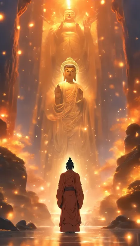 China-style，In the distance, A huge tall Buddha statue stands in space，Trust in an ergonomic proportion，There are five fingers on each of the left and right hands，Gaze at the earth，Standing Buddha statue，with light glowing，Glow effects，Pilgrims walking on ...