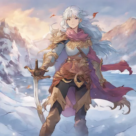 estilo anime, triton, mulher, cabelos cinza, uma mecha grande e escura no cabelo, segurando espada, stretching out the open hand, Arctic, frigid landscape, imagem fria