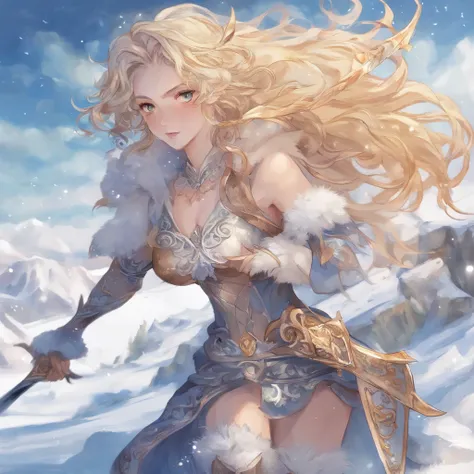 estilo anime, triton, mulher, cabelos cinza, uma mecha grande e escura no cabelo, segurando espada, stretching out the open hand, Arctic, frigid landscape, imagem fria