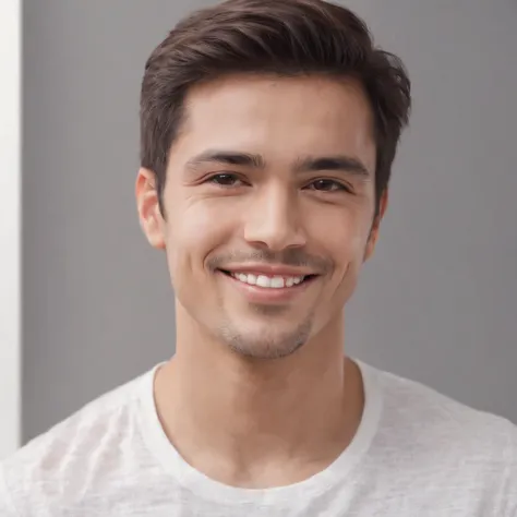 (photo: 1.3) af (photorealism: 1.3), Latino man, soft light, clear face, happy, cheerful, warm light, white t-shirt, (off-white background), (off-white background), ((grey wall background)) avatar, (long or short hair), smile, handsome, young,, short hair,...