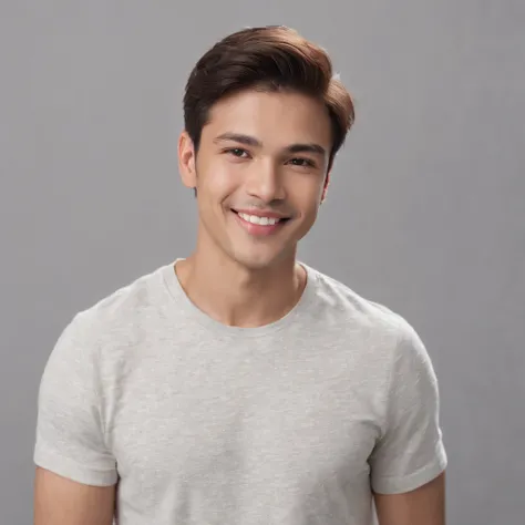 (photo: 1.3) af (photorealism: 1.3), Latino man, soft light, clear face, happy, cheerful, warm light, white t-shirt, (off-white background), (off-white background), ((grey wall background)) avatar, (long or short hair), smile, handsome, young,, short hair,...