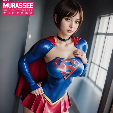 (Best Quality,4K,8K,hight resolution,masutepiece:1.2),Ultra-detailed,Realistic:1.37,Super masterpiece,Short-haired Supergirl、large full breasts、Looking at the camera、Glossy costume、a choker、Too short miniskirt、Magazine covers、Navel out