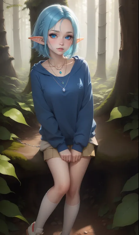 Elf girl, blue hair, blushing, blue eyes, white sweatshirt, crystal necklace, forest, anime