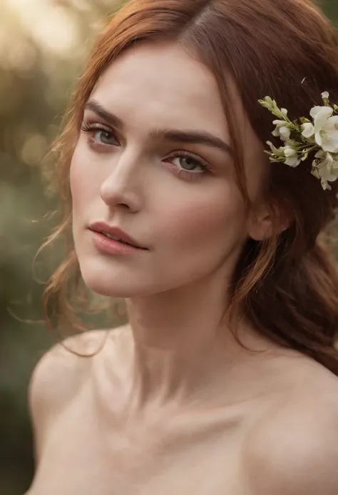 a close up of a Keira Knightley with a necklace , hands over the head, flowers in hair, low key photo, rim light, side light, dramatic lighting, cinematic lighting, totally naked, showing medium breast, detailed  charming face, detailed every things,  mode...