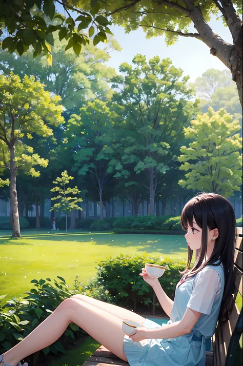 top-quality、Girl in the park、Tea time sitting on the bench、In nature、