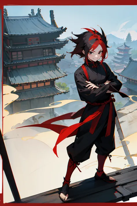 Multicolored Black and Red Hair , shaggy medium length spiky hair , black eyes , Ninja outfit, standing on roof, overlooking chinese village, evil smile