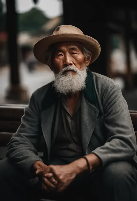 Man with a long beard and a hat sitting on a bench, Wise old man, um velho, foto do retrato de um homem velho, old man, Asian people, retrato do homem velho, um homem de 80 anos, macho velho, peaceful expression, retrato perfeitamente centrado, foto de um ...