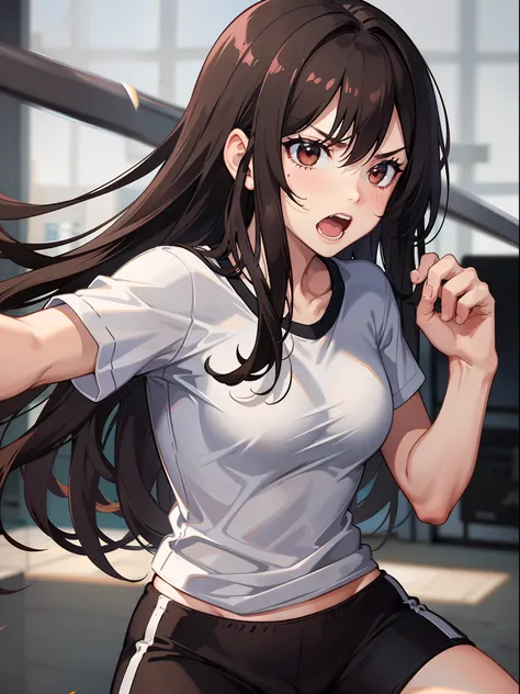 young girl, Long burgundy hair, Brown eyes, White T-shirt, Black sports shorts, Angry, Fighting stance, Masterpiece, High quality