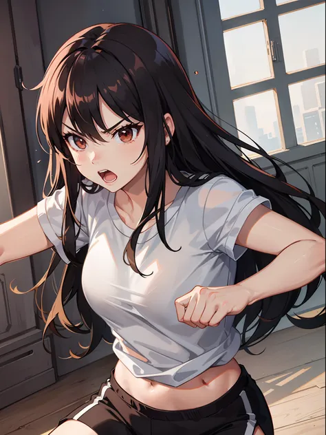 young girl, Long burgundy hair, Brown eyes, White T-shirt, Black sports shorts, Angry, Fighting stance, Masterpiece, High quality