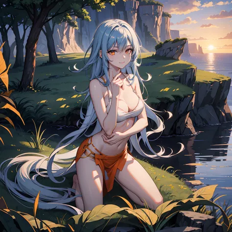 Kneeling, Dark blue hair, Cowboy shot, skinny, Full body shot, sexy, 1girl, pale skin, looking at viewer, medium breasts, praying, long hair, hair over forehead [blue hair|glowing hair:1.1], half-closed eyes, orange eyes, [glowing eyes|vivid eyes], smile, ...