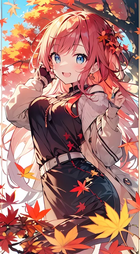 masutepiece, Best Quality,Illustration, Wallpaper, ultra -detail, Absurd beauty, 1beautiful girl、Bright hair color、Glitter and big eyes、Hair fluttering in the wind、ample breasts、♡、Smaller head、Autumn landscape、miscievous smile