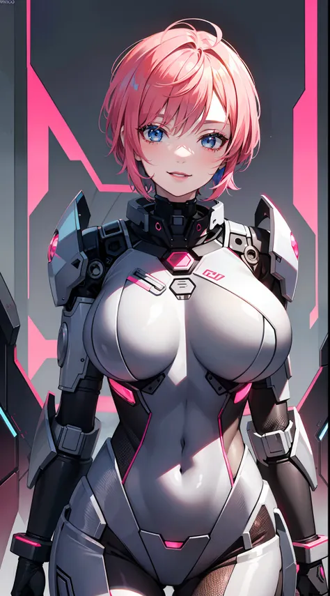 Grown-up girl, short pink hair, blue eyes, large breasts, red lipstick, smirk, Grey Plug Suit, Cyborg, Masterpiece, hiquality, 4k, HD, Good detail