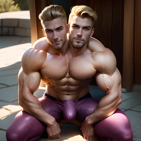 2heads,1man,(big bulge:1.5),Attractive finish man, soft facial features, wearing right glittery shorts and tight glittery shirt, , professional makeup, outside in the sun, various sexy poses, various viewing angles, blonde hair in a bun, subtle smile, butt...