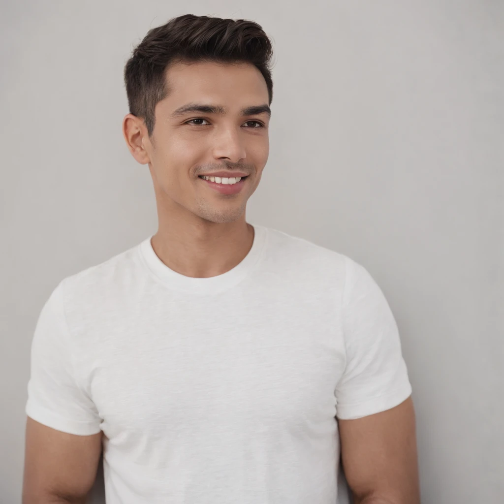 (photo: 1.3) af (realism: 1.3), (Hispanic), Latino man profile, (frontal close-up), soft light, clear face, happy, cheerful, warm light, white T-shirt, (off-white background), (blank background), ((gray wall background)) avatar, (short hair), smile, handso...