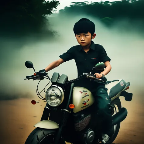 Super realistic boy, riding clasic motorbike,  black hair,   seaside,  foggy,  handsome, close up,  bamboo landscape,