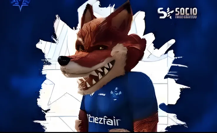 a fox, mascot of the Cruzeiro Esporte Clube team, fox, avatar, male, front, full body, standing, with an evil face