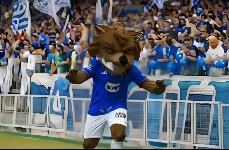 a fox, mascot of the Cruzeiro Esporte Clube team, fox, avatar, male, front, full body, standing, with an evil face