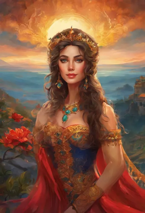 An 8K high-definition portrait of a beautiful gypsy woman, princesa persa, Deusa afrodite, uma deusa de beleza fenomenal, a mais bela das mulheres, mulher iraniana de estrema beleza,((tiro de todo o corpo)),(( com longos cabelos cacheados)), ((vestido long...