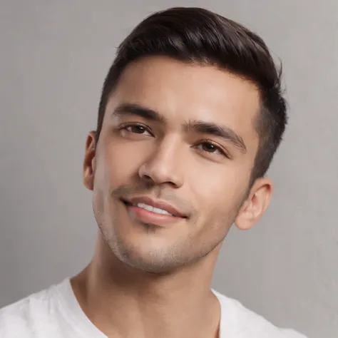 (photo: 1.3) af (realism: 1.3), (Hispanic), Latino man profile, (frontal close-up), soft light, clear face, happy, cheerful, warm light, white T-shirt, (off-white background), (blank background), ((gray wall background)) avatar, (short hair), smile, handso...