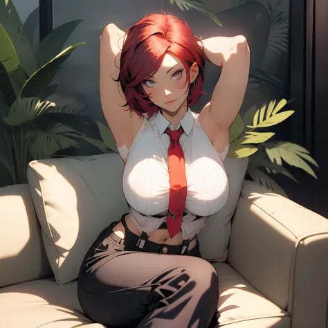 (masterpiece),best quality, vanessams, mature, red short hair, large breasts, bare shoulders, white shirt, red necktie, dark gre...