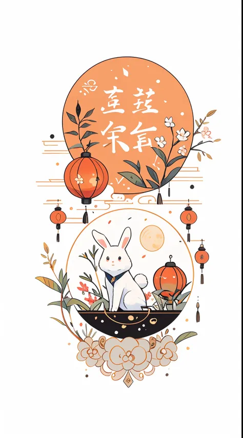 （A rabbit：1.4）, sat on the ground, Looking up, （（Mid-Autumn Festival atmosphere，sweet osmanthus，Kongming Lantern，Meniscus，Moon cake）），（Chinese kanji：1.3），Traditional Chinese illustration style, Digital art, Simple background, Masterpiece on white backgroun...