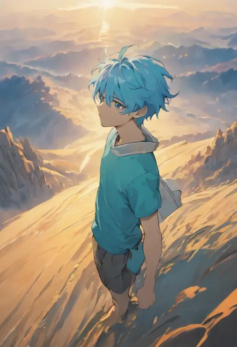 Beautifully drawn, high quality, ultra-detailed CG illustration of a young man with a serene expression, gazing into the distance with his striking light blue hair gently waving in the desert breeze. The scenery behind him is vast and breathtaking, drawing...