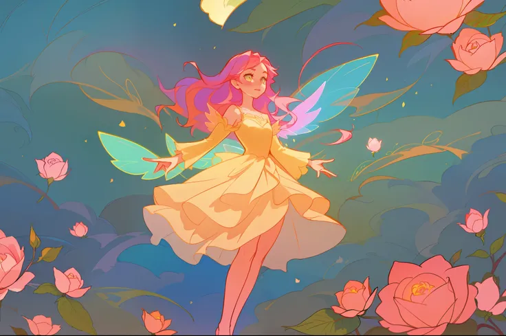 beautiful girl in flowing layered puff long sleeve ballgown, flower fairy, dress that looks like a flower or rose, rose, colorful flowers, inspired by Glen Keane, inspired by Lois van Baarle, disney art style, by Lois van Baarle, glowing aura around her, b...