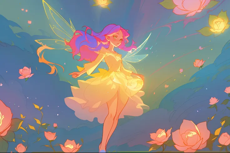 beautiful girl in flowing layered puff long sleeve ballgown, flower fairy, dress that looks like a flower or rose, rose, colorful flowers, inspired by Glen Keane, inspired by Lois van Baarle, disney art style, by Lois van Baarle, glowing aura around her, b...