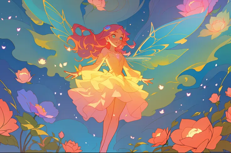 beautiful girl in flowing layered puff long sleeve ballgown, flower fairy, dress that looks like a flower or rose, rose, colorful flowers, inspired by Glen Keane, inspired by Lois van Baarle, disney art style, by Lois van Baarle, glowing aura around her, b...