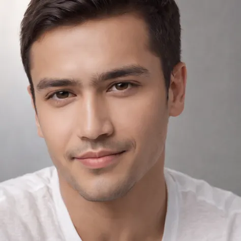 (photo: 1.3) af (realism: 1.3), (Hispanic), Latino man profile, (frontal close-up), soft light, clear face, happy, cheerful, warm light, white T-shirt, (off-white background), (blank background), ((gray wall background)) avatar, (short hair), smile, handso...