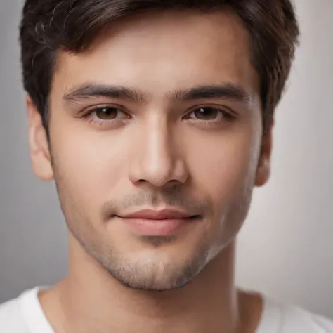 (photo: 1.3) af (realism: 1.3), (Hispanic), Latino man profile, (frontal close-up), soft light, clear face, happy, cheerful, warm light, white T-shirt, (off-white background), (blank background), ((gray wall background)) avatar, (short hair), smile, handso...