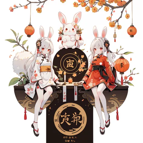 （a rabbit：1.4）, sat on the ground, looking up, mid-autumn festival atmosphere, sweet osmanthus，kongming lantern，（chinese kanji：1...